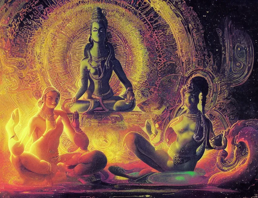 Prompt: a close - up view portrait of a silhouetted cosmic shiva meditating with iridescent metallic technology headwear in sci - fi baroque neoclassicist halls. detailed textures. glowing colorful fog, dark black background. highly detailed fantasy science fiction painting by moebius, norman rockwell, frank frazetta, and syd mead. rich colors, high contrast. artstation