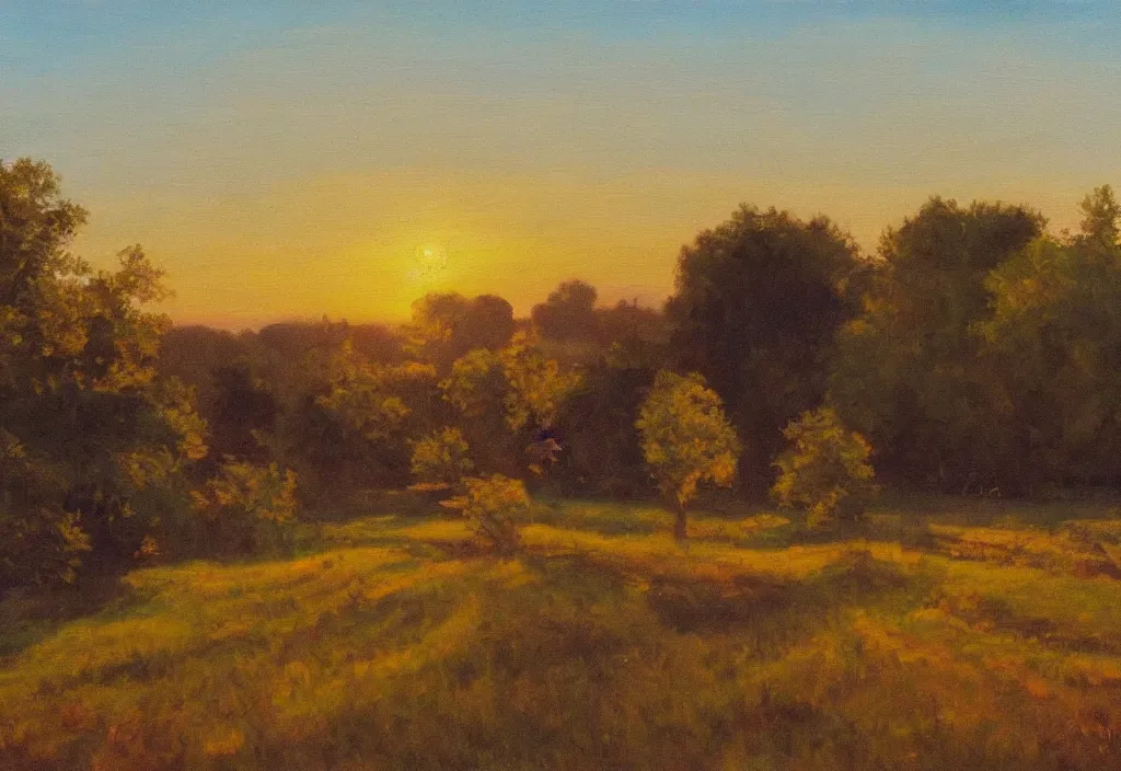 Prompt: oil painting of a serene countryside in Germany, magic hour, golden hour