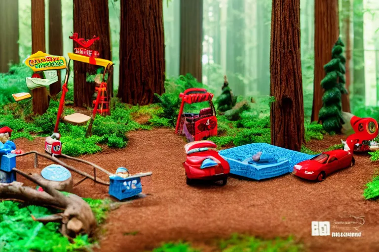 Image similar to fisher price redwood forest, california scene from tv show hyper detailed 5 5 mm 8 5 mm, toy photography, made out of plastic