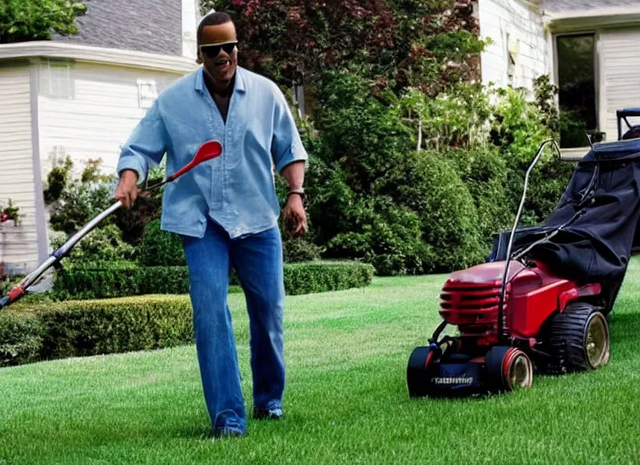 Prompt: film still of Stevie Wonder mowing his lawn in the new Sleepless in Seattle movie, 4k