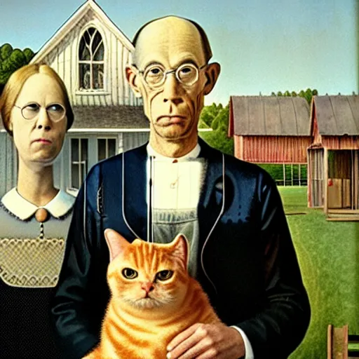 Prompt: fat orange tabby cat and curly haired man in american gothic by grant wood