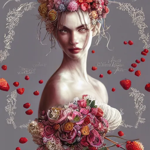 Image similar to the portrait of an absurdly beautiful, graceful, elegant, sophisticated, fashionable woman made of strawberries and white petals looking down, an ultrafine hyperdetailed illustration by kim jung gi, irakli nadar, intricate linework, bright colors, octopath traveler, final fantasy, unreal engine 5 highly rendered, global illumination, radiant light, detailed and intricate environment