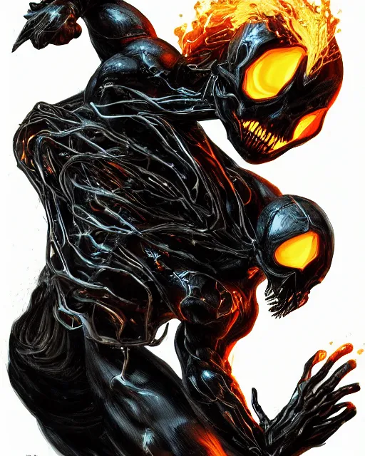 Image similar to ghost rider symbiote, dynamic lighting, fantasy concept art, trending on art station, stunning visuals, creative, cinematic, ultra detailed, comic strip style