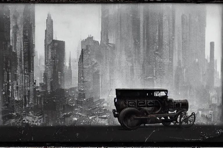 Image similar to cyberpunk 1 9 0 8 model ford t by paul lehr, jesper esjing, metropolis, view over city, vintage film photo, damaged photo, scratched photo, scanned in, old photobook, silent movie, black and white photo