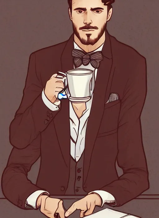 Prompt: a digital illustration of a male character with a steaming mug of coffee instead of a head, wearing a tailored suit with the coat unbuttoned, trending on arstation by artgerm and mucha