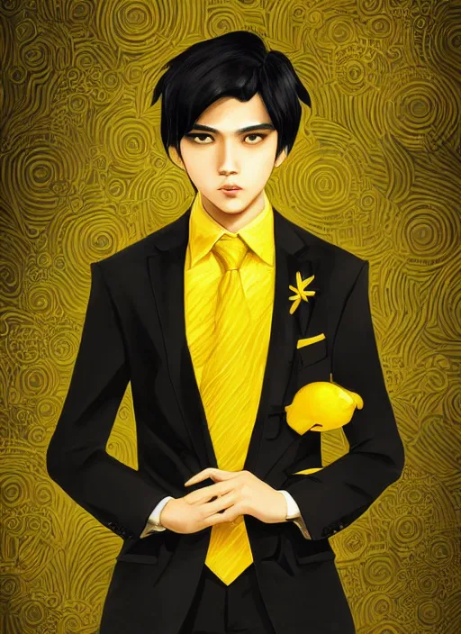 Prompt: a highly detailed illustration of young attractive black haired asian boy wearing black suit and tie with coattails, yellow eyes, dramatic elegant pose, strings background, intricate, elegant, highly detailed, centered, digital painting, artstation, concept art, smooth, sharp focus, league of legends concept art, wlop.