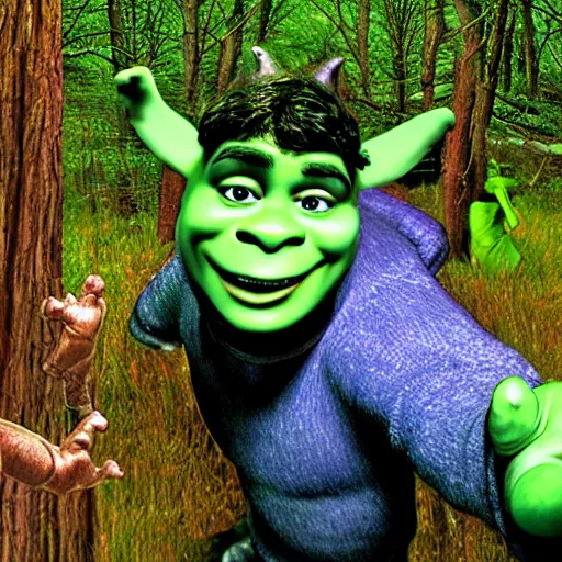 Prompt: shrek trail cam, night vision, scary, found footage