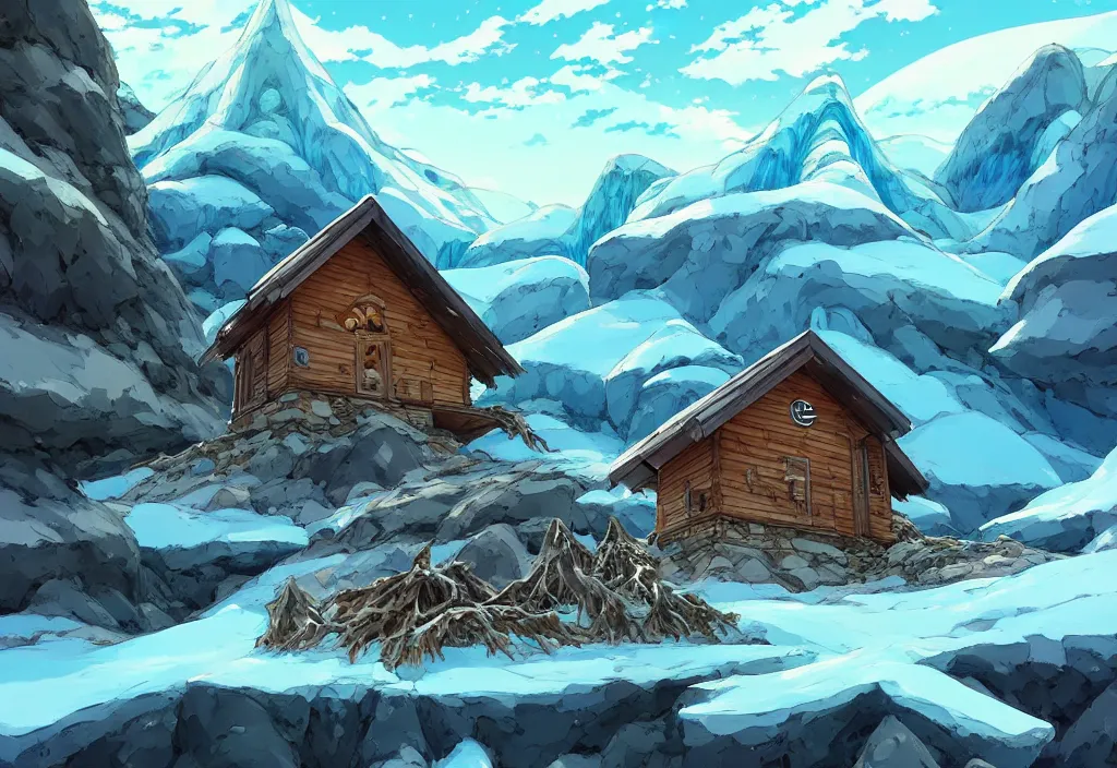 Prompt: a glacier with a tiny chubby wood house on the foreground, dead trees, ice, rocks, dry plants, intricate oil painting, high detail illustration, sharp high detail, manga and anime 1 9 9 9, official fanart behance hd artstation by jesper ejsing and makoto shinkai, 4 k,