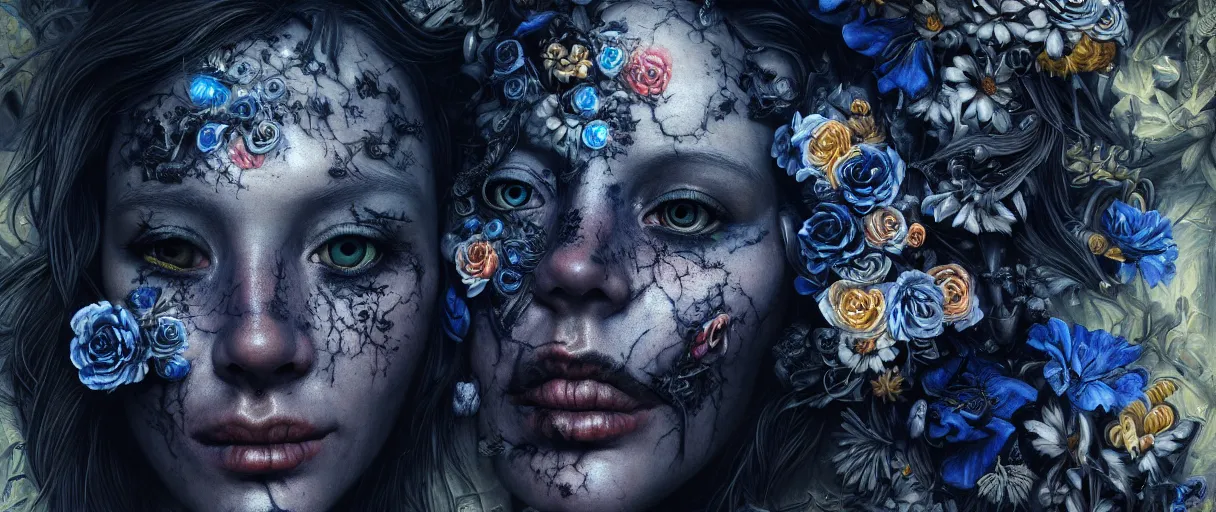 Image similar to hyperrealistic hyper detailed neo-surreal close-up 35mm portrait of cyborg covered in rococo black flower tattoos matte painting concept art hannah yata very dramatic dark blue lighting low angle hd 8k sharp shallow depth of field