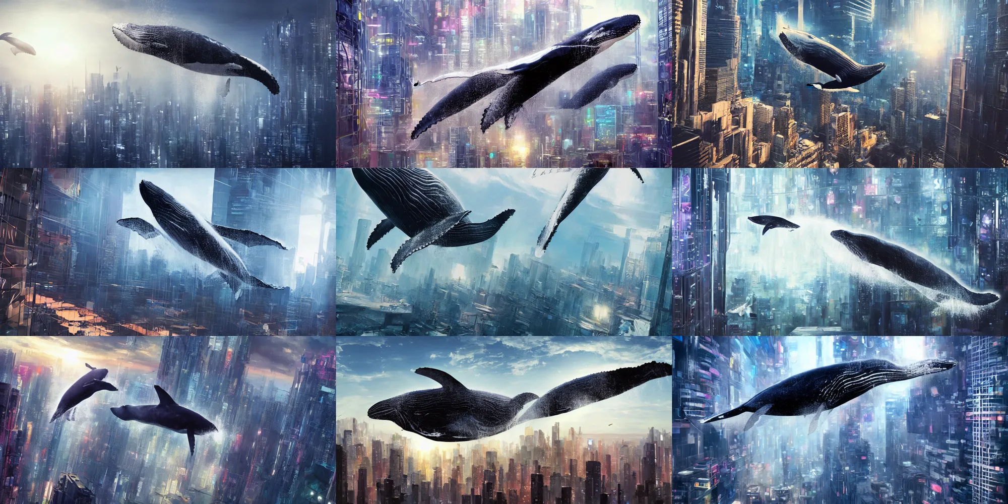 Prompt: a beautiful painting of a humpback whale suspended in mid air near a skycraper, cyberpunk city, hyperrealistic, realistic, cinematic shot, volumetric light, detailed, epic