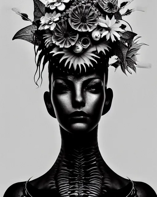 Image similar to a black and white high quality dreamy photo of a young beautiful female queen-pale dragon-vegetal-many big steampunk flowers-cyborg bust with a very long neck, elegant, highly detailed, poetic, soft, dreamy, mysterious, high fashion, in the style of Diane Arbus, Realistic, Refined, Digital Art, Highly Detailed, Cinematic Lighting, rim light, black and white, photo-realistic, 8K