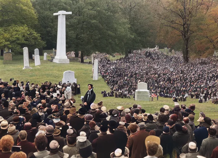 Prompt: abraham lincoln giving the gettysburg address in a crowded pennsylvania cemetery, photographed for reuters, 2 5 mm f / 1. 8 portra filmstock, 8 k scan, vivid color