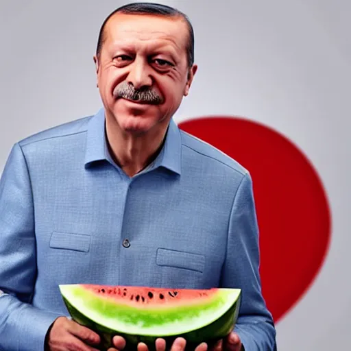Image similar to recep tayyip erdogan smiling holding watermelon, studio photograph, hd, studio