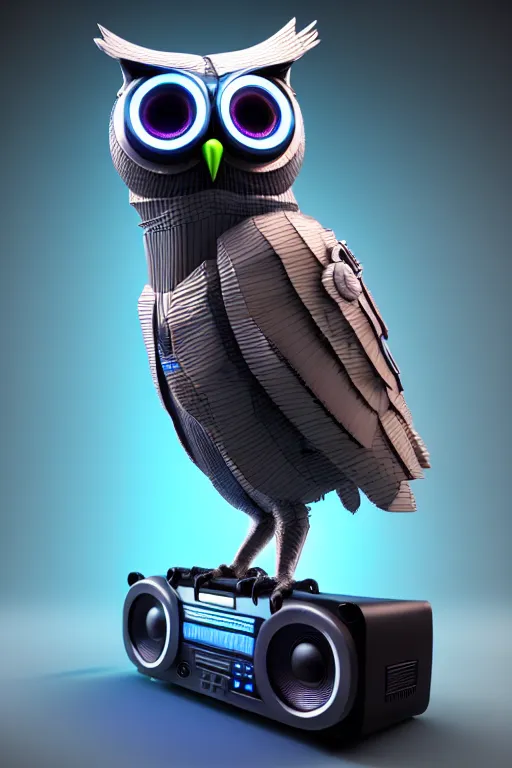 Image similar to high quality 3 d render very cute cyborg owl! with boombox!, cyberpunk highly detailed, unreal engine cinematic smooth, in the style of blade runner & detective pikachu, hannah yata charlie immer, moody light, low angle, uhd 8 k, sharp focus