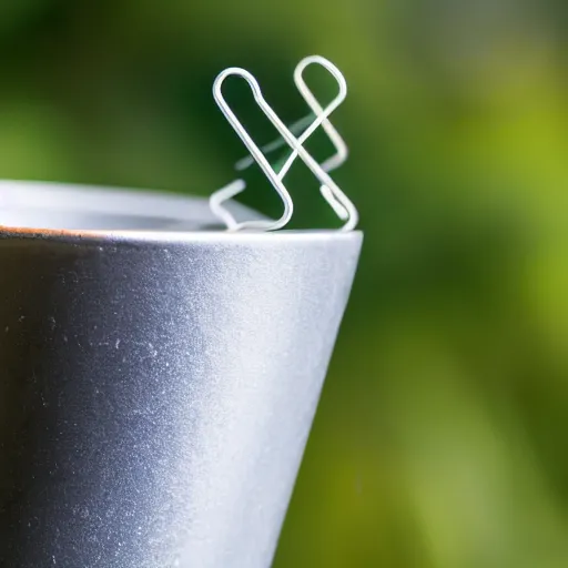 Image similar to a single metal paperclip with googly eyes, next to a steamy cup of coffee, in the woods, photography, depth of field, very symmetric, rule of thirds, 4 k resolution