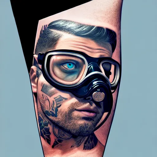 Image similar to a profile photo of a man with diving mask with tattoos on arm and neck, side profile in underwater, highly detailed, digital painting, artstation, concept art, smooth, sharp focus, illustration by Sandra Chevrier