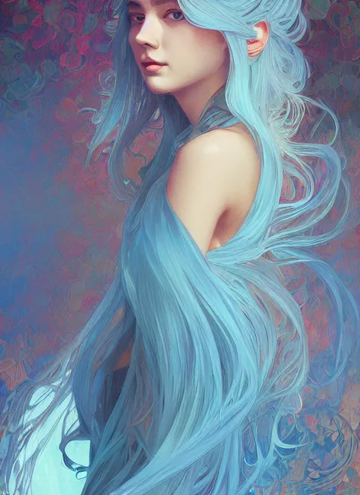 Image similar to handsome young women with shoulder length light blue hair, half body shot, path traced, highly detailed, high quality, digital painting, alena aenami, lilia alvarado, shinji aramaki, karol bak, alphonse mucha, tom bagshaw