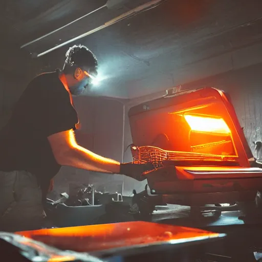 Image similar to cyborg toaster oven repairman, dark messy smoke - filled cluttered workshop, dark, dramatic lighting, orange tint, sparks, plasma rays, cinematic, highly detailed, sci - fi, futuristic, movie still