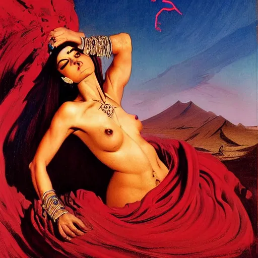 Image similar to Silk sheet desert ecstasy Bedouin under crimson azure diamond sky, in the style of Frank Frazetta, Jeff Easley, Caravaggio, extremely clear faces coherent, clear lines, 8K revolution