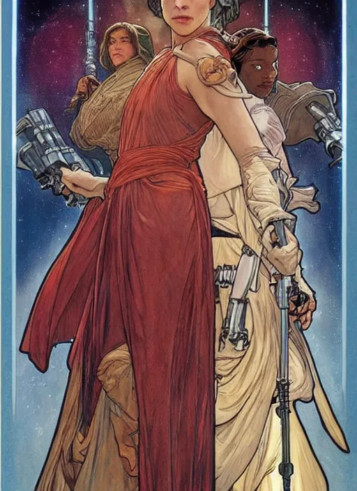 Image similar to movie poster by iain mccaig and magali villeneuve and drew struzan and alphonse mucha, a very beautiful!!!! woman jedi master, highly detailed. star wars original trilogy, she is about 2 0 years old, wearing jedi robes.