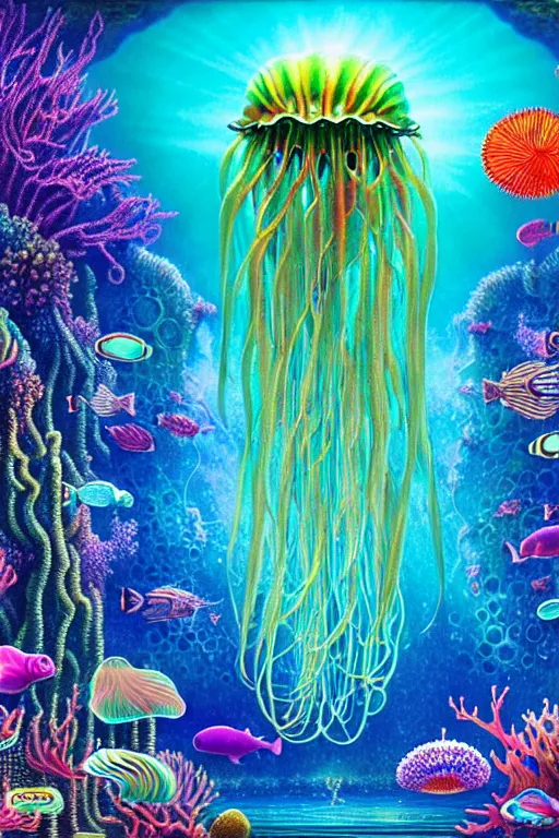 Prompt: a photorealistic detailed image of a beautiful vibrant iridescent underwater seascape of full of colorful aquatic plants and hidden cities, jellyfish, spiritual science, divinity, utopian, by david a. hardy, hana yata, kinkade, lisa frank,