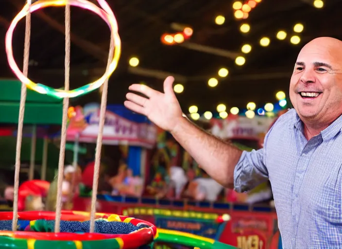 Image similar to photo still of dave mustane at the county fair!!!!!!!! at age 3 6 years old 3 6 years of age!!!!!!!! playing ring toss, 8 k, 8 5 mm f 1. 8, studio lighting, rim light, right side key light