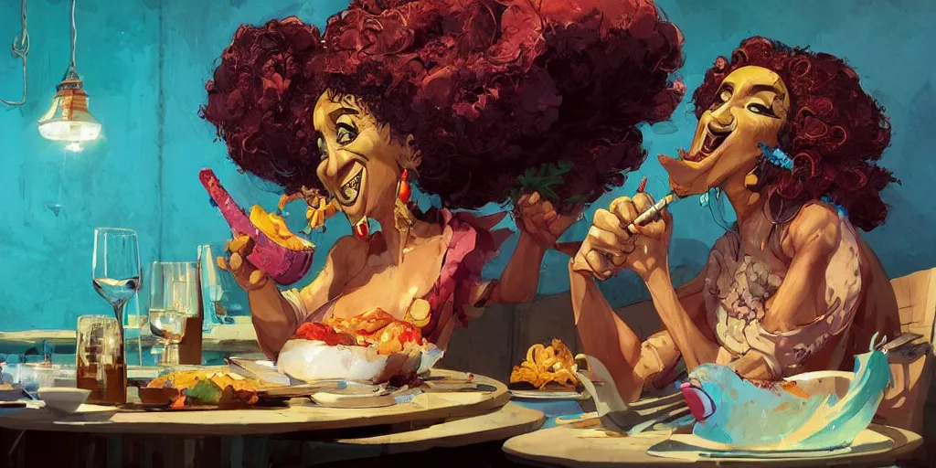 Image similar to cartoonish celia cruz eating dinner, vivid colors, character sheet, fine details, concept design, contrast, kim jung gi, greg rutkowski, enki bilal, trending on artstation, 8 k, full body, turnaround, front view, back view, ultra wide angle