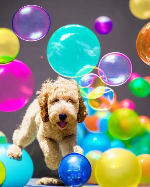 Image similar to stock photos of a golden doodle puppy chasing after giant soap bubbles in a studio