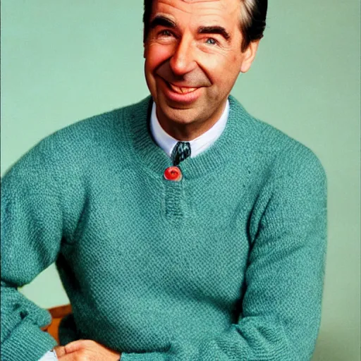 Image similar to fred rodgers, mr. rodgers neighborhood, blue sweater, putting on his shoes,