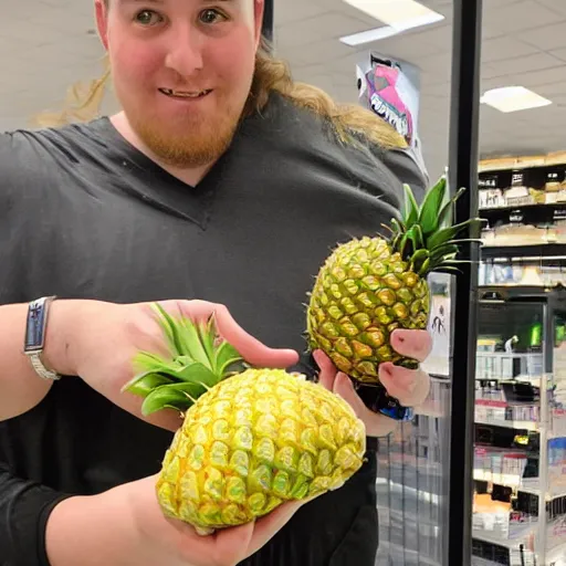 Image similar to realistic photo of rowan aktinson stealing a pineapple from target