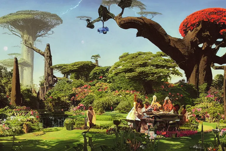 Image similar to illustration of elegant black woman watching spacecraft land in garden of stately home, flowers, baobab trees, distant town in valley and hills, by norman rockwell, jack kirby, john berkey, bergey, craig mullins, ruan jia, raymond swanland, jeremy mann, beksinski, tom lovell, alex malveda, schomburg