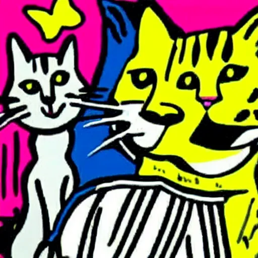 Prompt: Cats celebrate international Cat Day by Roy Lichtenstein