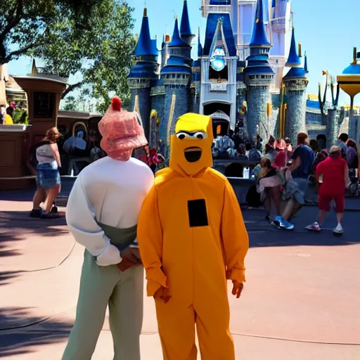 Prompt: photo of a kid with a man wearing a walter white costume in disney world, highly detailed faces, happiness