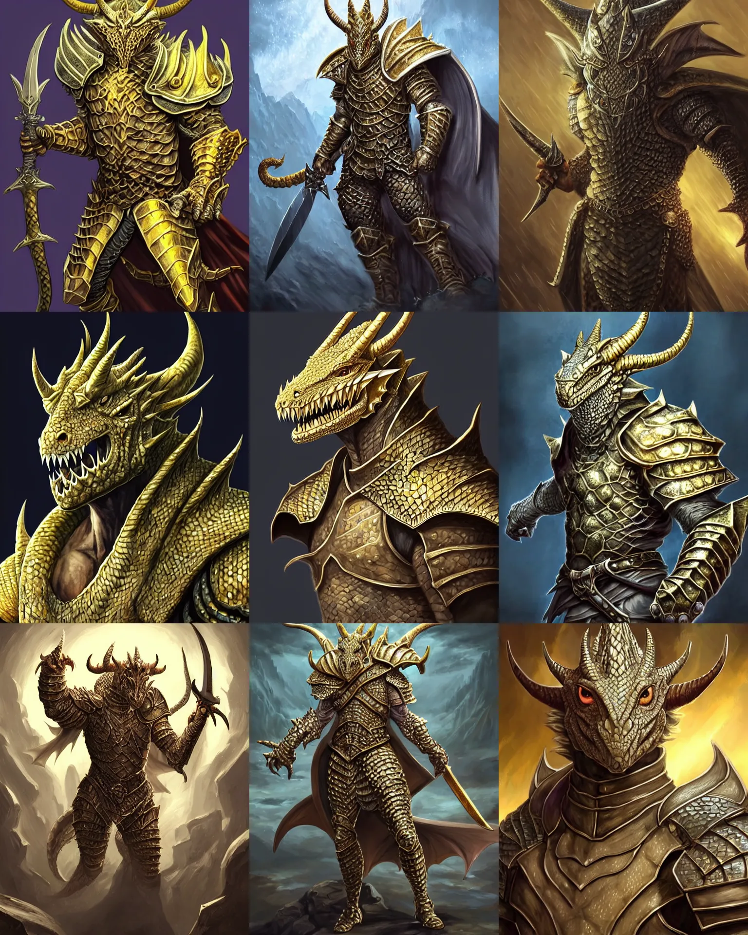 Prompt: DnD character concept portrait, scaly dragonborn male with lizard eyes, !!!gold scales!!!, !!!white teeth!!! Paladin, (((horns))), !!!white paladin armor!!! holy sword, Detailed, High quality, dynamic lighting, fantasy, Artwork by Artgerm, WLOP, Alex Ross, Greg Rutknowski, Alphonse Mucha