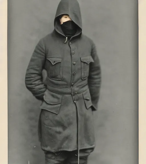 Image similar to full body portrait of a man at distance wearing hooded mask covering his entire face, ww1 film photo, grainy, high detail, high resolution