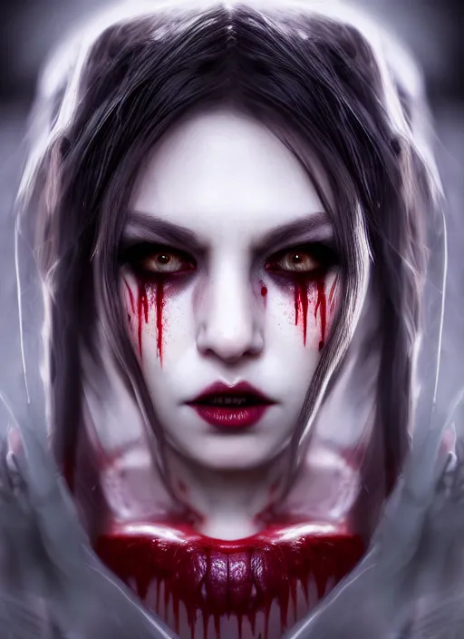 Prompt: beautiful full shot portrait vampire queen blood highly detailed CGsociety subtle concept art HDR hyper realistic volumetric lighting subsurface scattering unreal