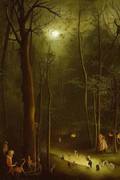 Prompt: dark and spooky painting of a forest dimly lit at night with scary hieronymus bosch creatures hiding in the woods. muted colour palette, detailed oil painting by asher brown durand