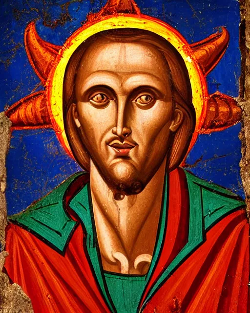 Prompt: byzantine fresco of demonic aloysius stepinac with bright orange eyes and demonic horns, sun ray, shaft of light, vivid colors, high production value, intricate details, high resolution, hyperrealistic, hdr, high definition, masterpiece, ultra realistic, highly detailed, hd, sharp focus, non blurry, sharp, smooth