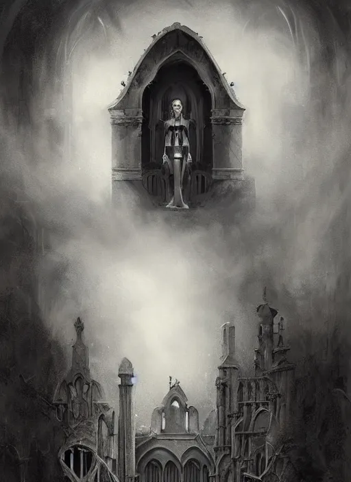 Image similar to By Tom Bagshaw, ultra realist soft painting of a gothic crypt by night, male vampire smile, horror, omnious sky, symmetry accurate features, very intricate details, black and white, volumetric light clouds