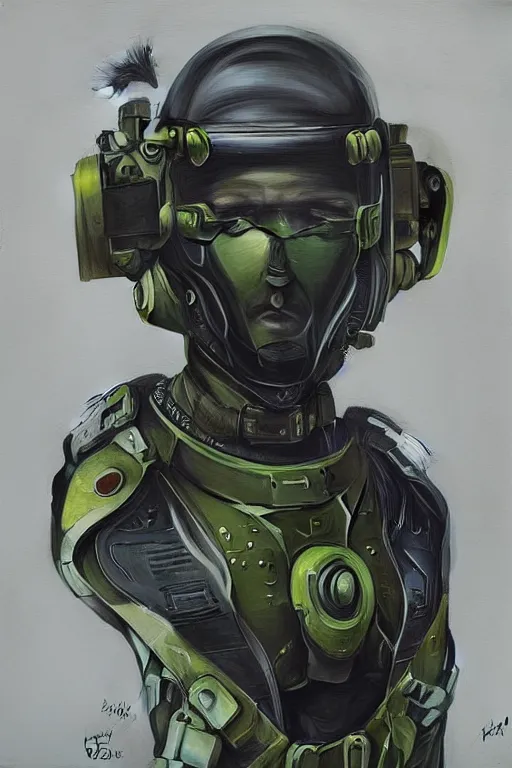 Prompt: “self portrait of Raven with olive green body armor in the style of Science Fiction. Hyperrealism. Highly Detailed Art by David Schleinkofer. Trending on r/cassettefuturism and Artstation”