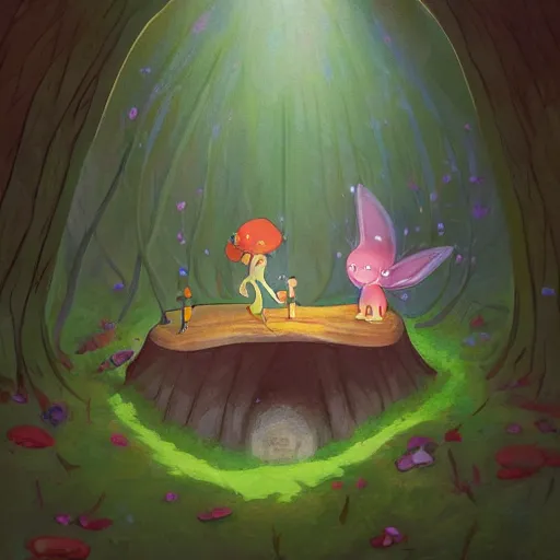 Image similar to a faerie and firefly couple living inside a hollow in a tree, masterpiece soft focus painting by kerascoet by marie pommepuy and sebastien cosset by studio ghibli, dynamic lighting