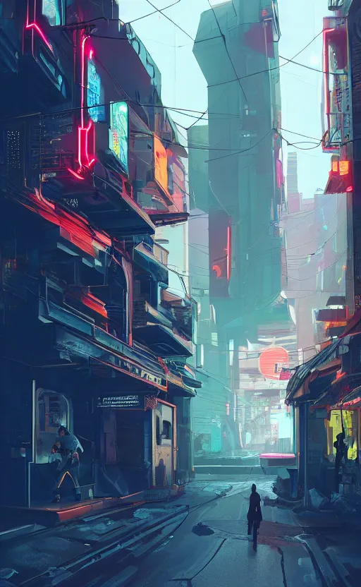Prompt: a cyberpunk American alley with robots and humans walking around by marcel deneuve and beeple