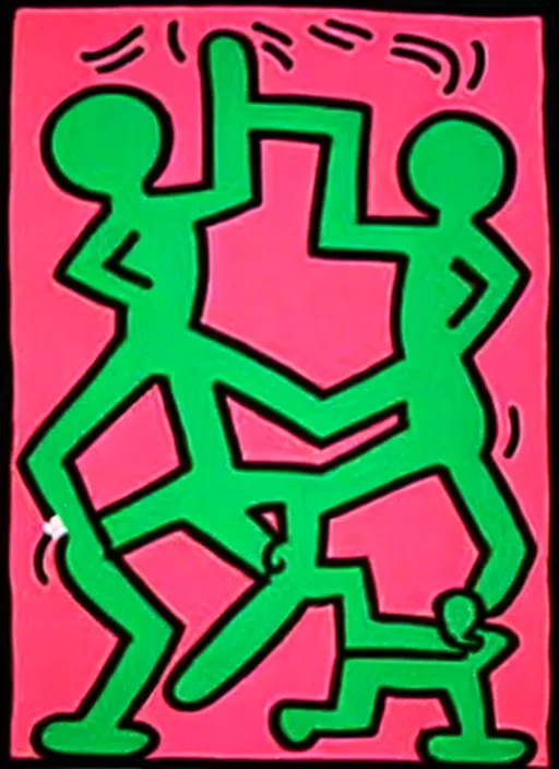 Prompt: image of beautyful female dancing with two dogs by keith haring,