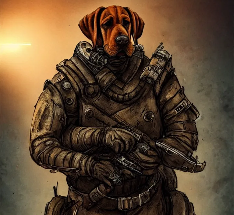 Image similar to a good ol'floppy - eared bloodhound pup fursona ( from the furry fandom ), heavily armed and armored facing down armageddon in a dark and gritty version from the makers of mad max : fury road. witness me.