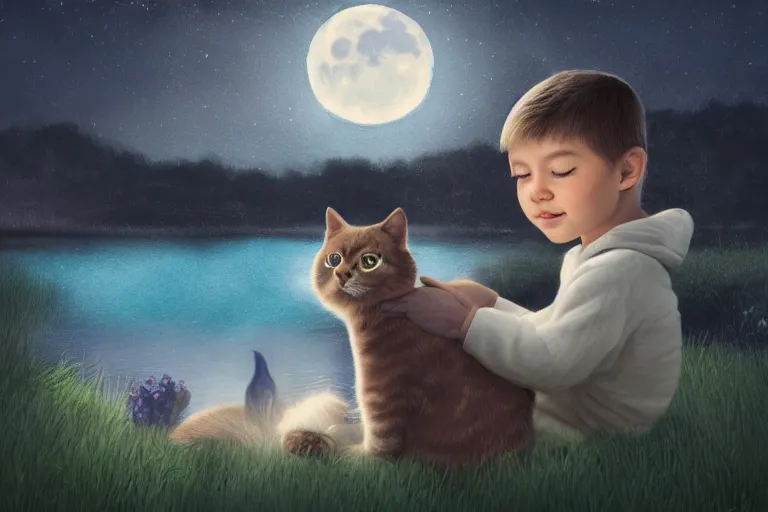 Prompt: portrait of a little boy and his cat, photorealistic face and skin tones, dreamy moonlit nightscape by the garden, lake house, smooth, matte colors, trending on artstation, 4 k, 8 k