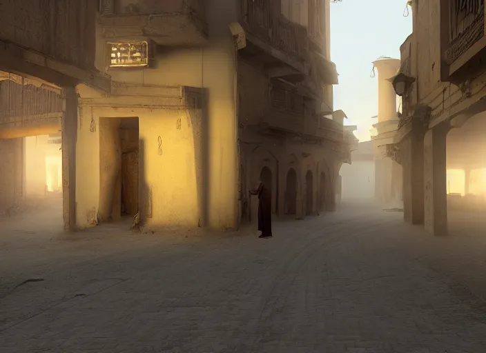 Image similar to old jeddah city alley, roshan, old shops, horse, magical glowing sand gateway to another dimension, a man wearing a white robe standing watching over, dramatic lighting, dawn, by caspar david friedrich, unreal engine 5