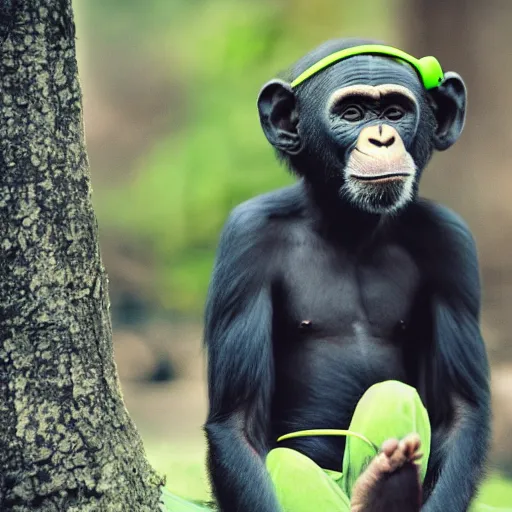 Image similar to a high quality photo of a green chimp wearing headphones, realism, 8k