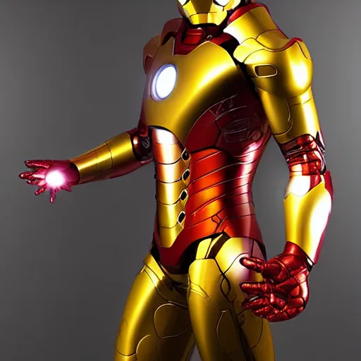 Image similar to golden iron man suit, photography,