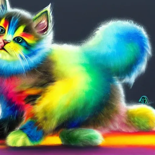 Image similar to wide angle full body, of a fluffy cute rainbow kitten wearing a black leather motorcycle jacket, concept art