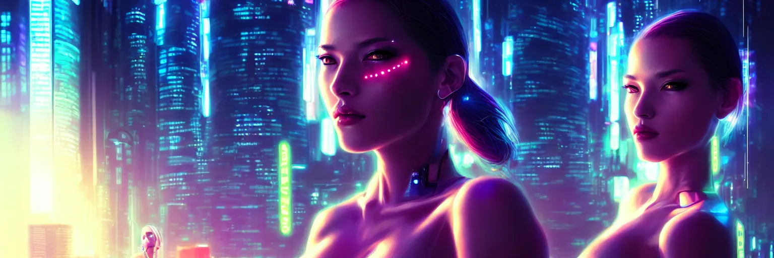 Image similar to portrait of one female humanoid in a cyberpunk cityscape, half body cropping, elegant glamor pose, accurate anatomy, cyber led neon lighting, bokeh, rule of thirds, hyper photorealistic, crispy quality, digital photography, art by pascal blanche, art by artgerm, art by greg rutkowski,